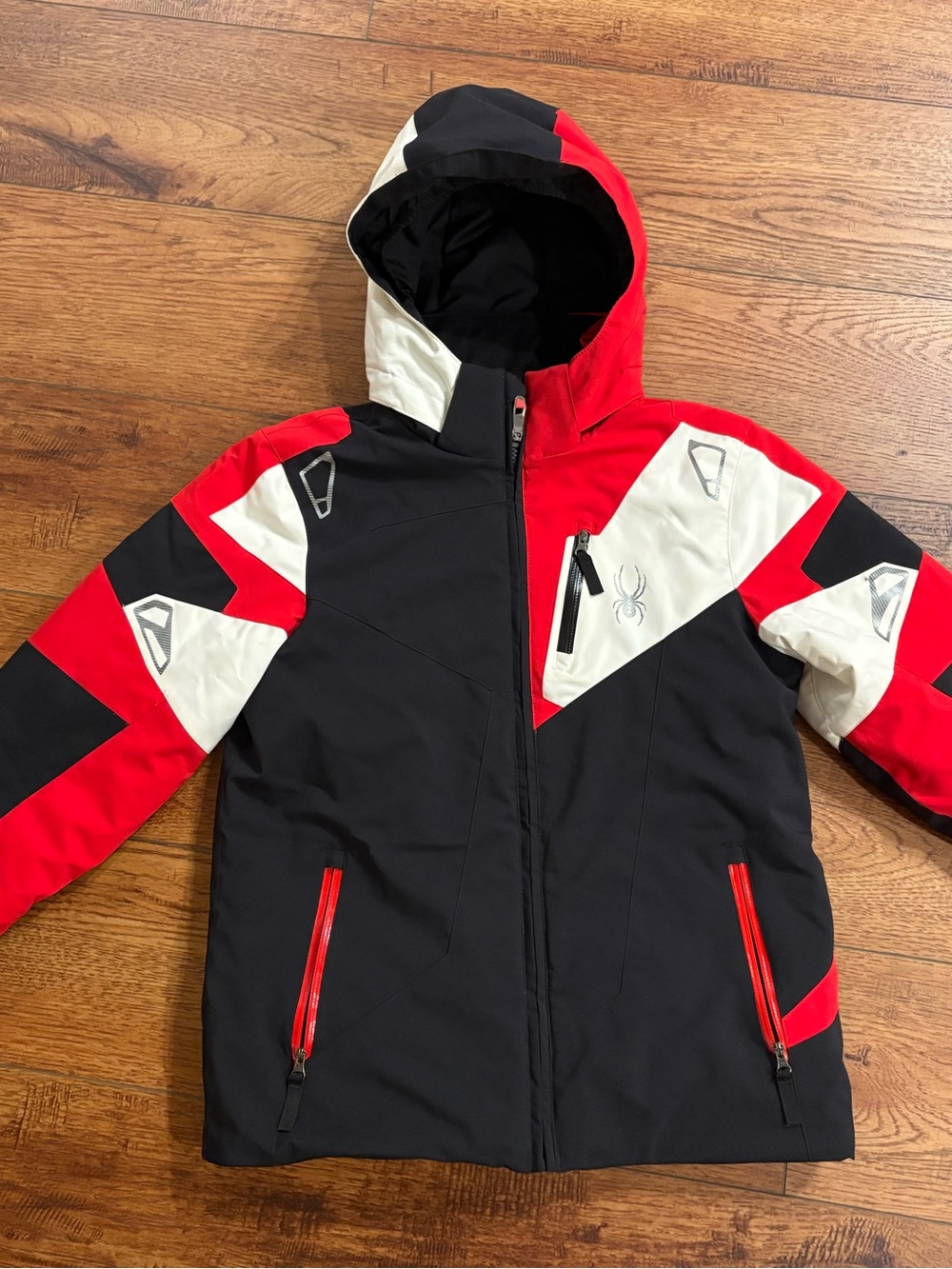 Spyder Kids Ski Jacket Size 12 Hooded Insulated Waterproof Red Black